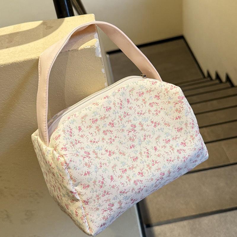 Cute Small Floral Printed Portable Hand-Held Makeup Bag Traveling Large Capacity Storage Toiletry Handbag