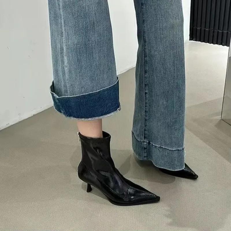 Spring Women's Pointed Toe High-heeled Short Boots with Stiletto Heelsoptional Fleece Lining Medium-heeled Fashion Women's Boots