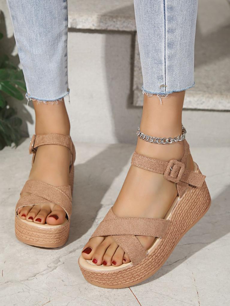 Sandals women's foreign trade large size 2025 summer new muffin wedge heel platform sandals suede women's high-heeled sandals
