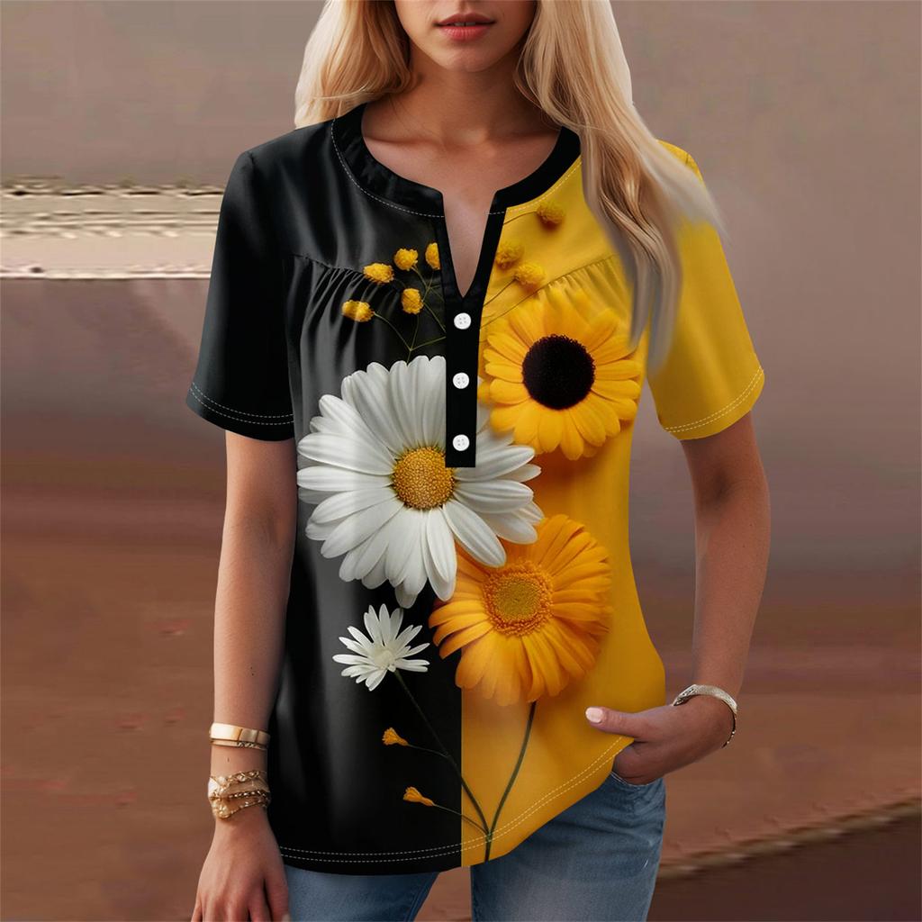 Dámské ležérní tričko s květinovým potiskem, výstřih do V, krátký rukáv, ozdobný knoflík