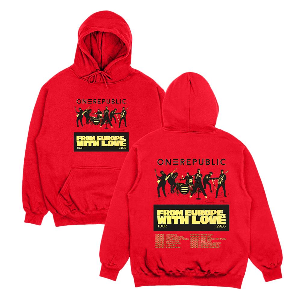 

OneRepublic From Europe with Love Tour 2026 Hoodies Unisex High Street Sweatshirts Punk Pullovers Fashion Personality Streetwear M червоний