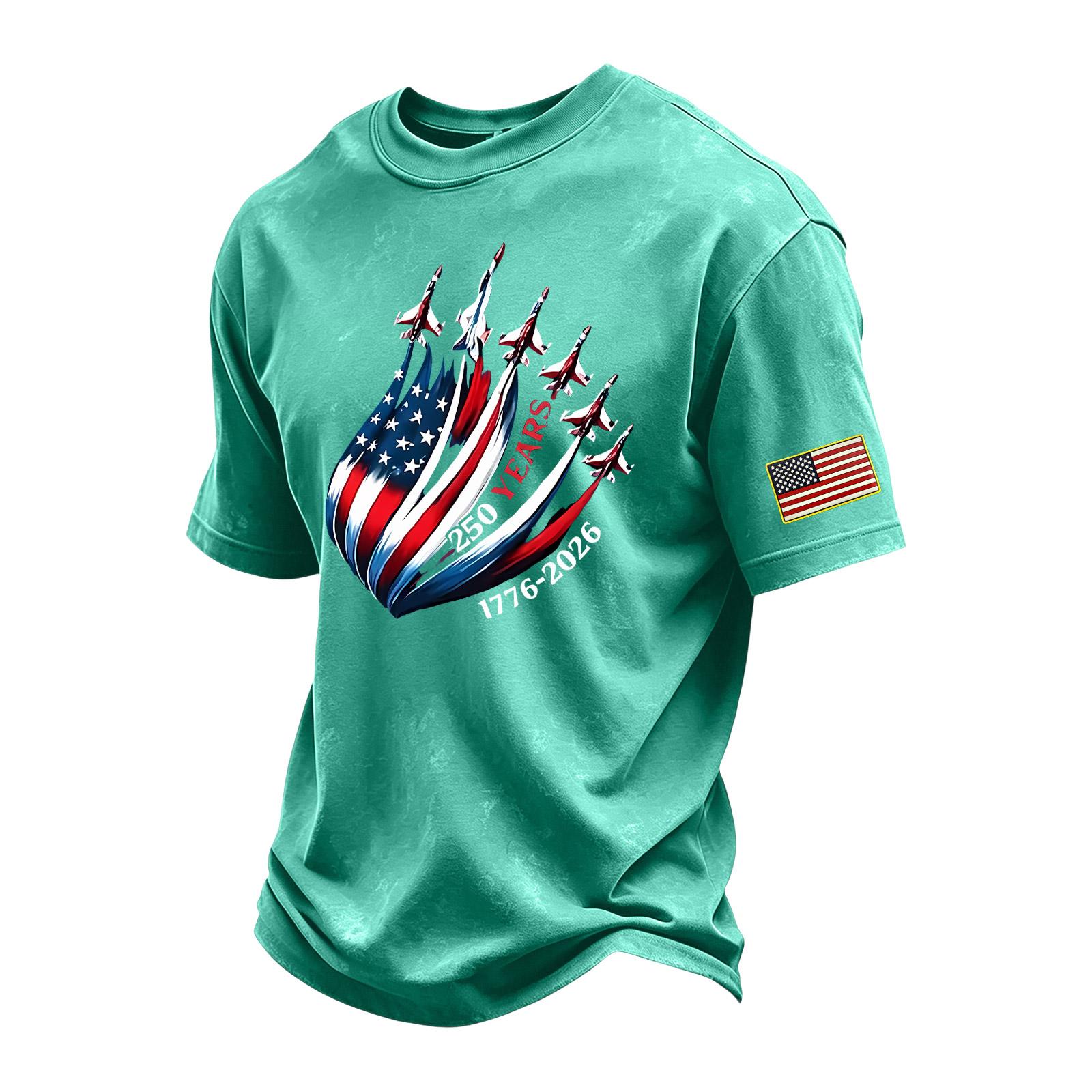 

Men’s Vintage Crew Neck Short Sleeve T Shirt with 250 Years 1776-2026 Independence Day Print and Flag Patch Casual Fit XL зелений