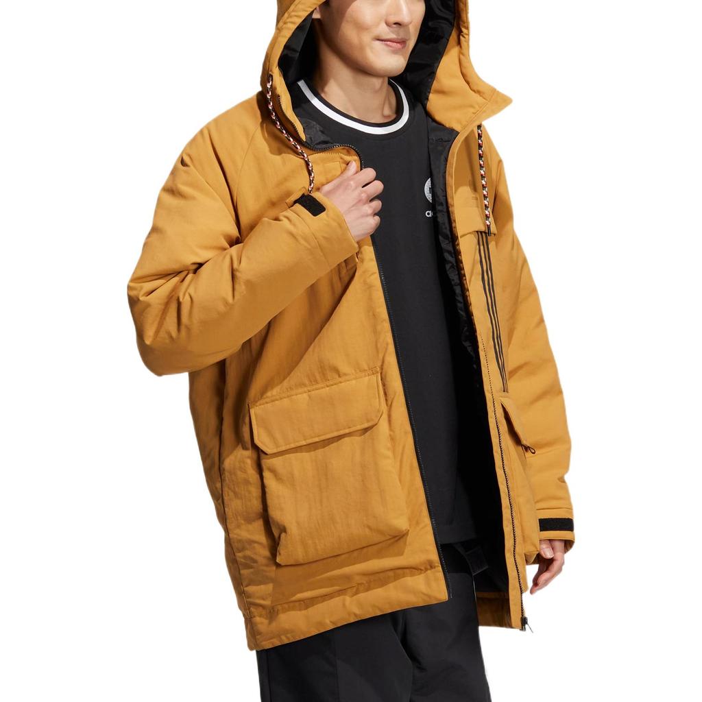 Adidas Neo Solid Color Logo Print Three-Stripe Hooded Down Jacket Unisex Outerwear Brown HN4761