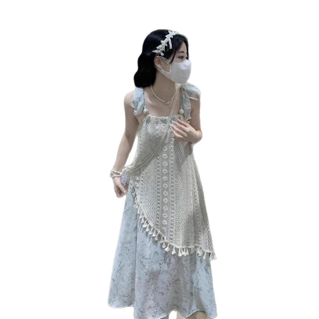 Design Sense Niche Irregular Splicing Fake Two-piece Floral Suspender Dress Women's Summer Small Fringed Skirt