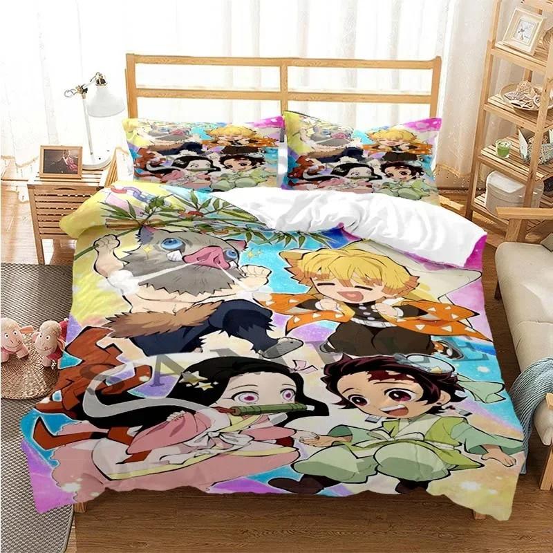 3D-tryckt Anime Demon Slayer Påslakan Nezuko Tanjirou Sängklädesset Dubbel Twin Full Queen King Vuxen Barn Täcke