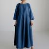 A Fashionable -color Round-neck, Long-sleeved, Loose And Large-swing Pocket Dress For Ladies