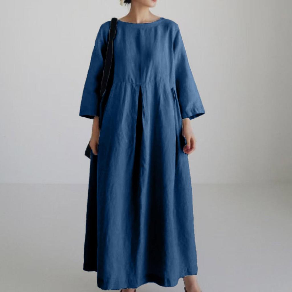 A Fashionable -color Round-neck, Long-sleeved, Loose And Large-swing Pocket Dress For Ladies