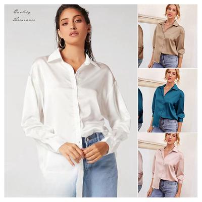 Spring Summer Satin Comfortable Casual Loose Long Sleeved Solid Color Lapel Shirt for Women Blouses & Shirts