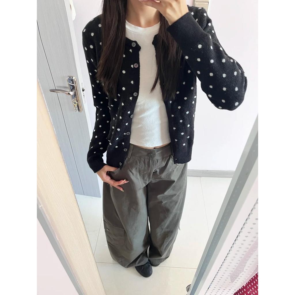 Temperament Contrasting Polka Dot Knitted Cardigan Women's Spring and Autumn Niche Lazy Style High-end Sweater Button Jacket Top