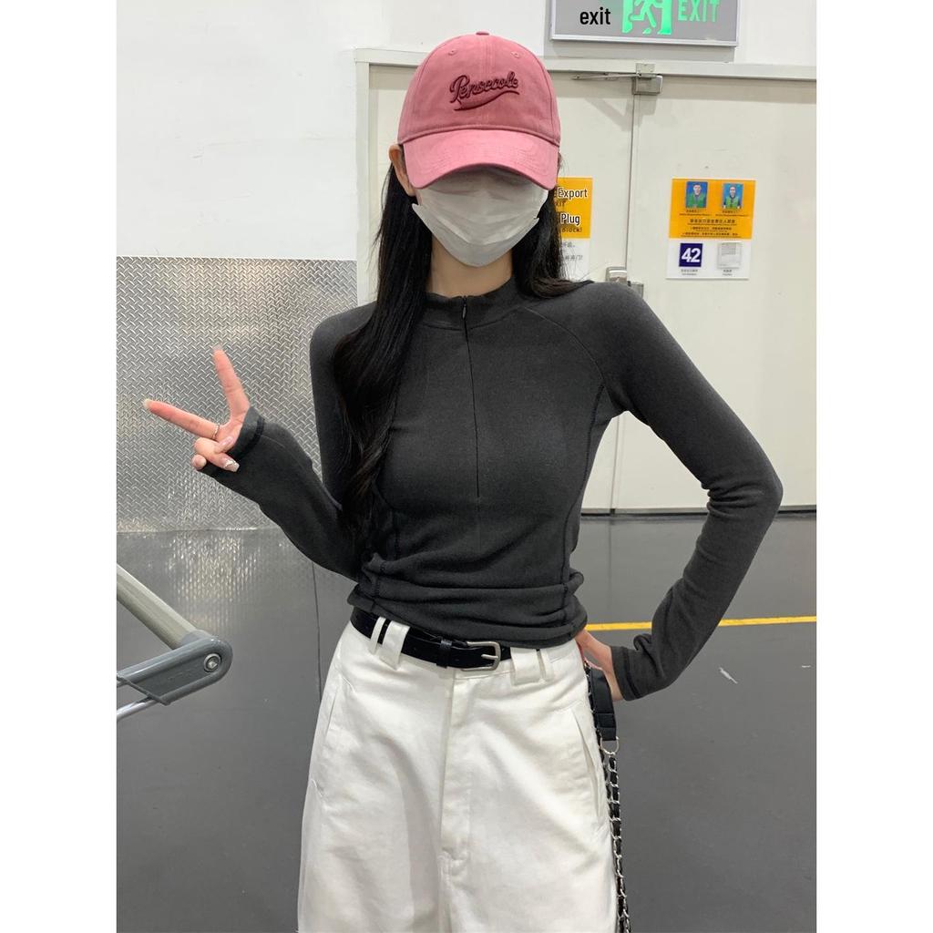 Women's Thermal Fleece Zipper Long-Sleeve T-Shirt with Half-High Collar - Autumn/Winter Warm Base Layer Top