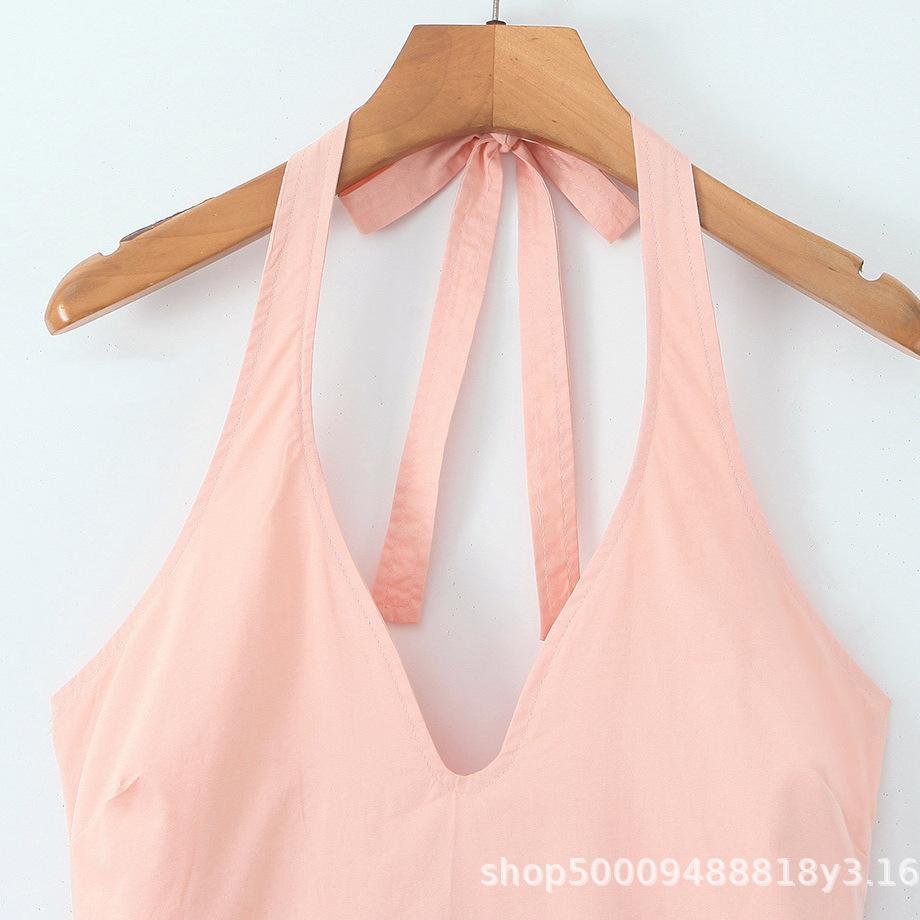 European and American style vacation temperament elegant V-neck waist and thin neck straps medium and long dress women