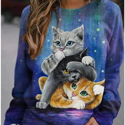 Women's T-shirt  Cute Cat Print Cartoon Kitten Tee Long Sleeves Everyday Other Prints Basic Tshirt Sweater Loose Purple Grey Orang