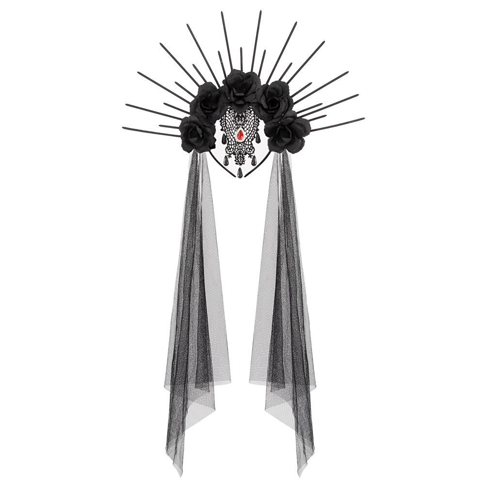 Gothic Halloween Headband Rhinestone Bride Hairband Headdress Veil Headband  Girl