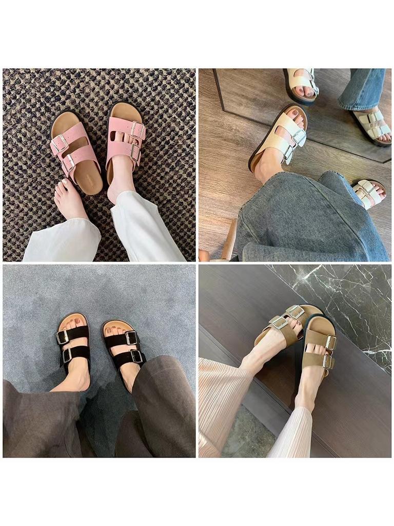 Cowhide version~ thick-bottomed Boken slippers women's genuine leather flat-bottomed outer wear one-word belt buckle cool slippers Boken half slippers