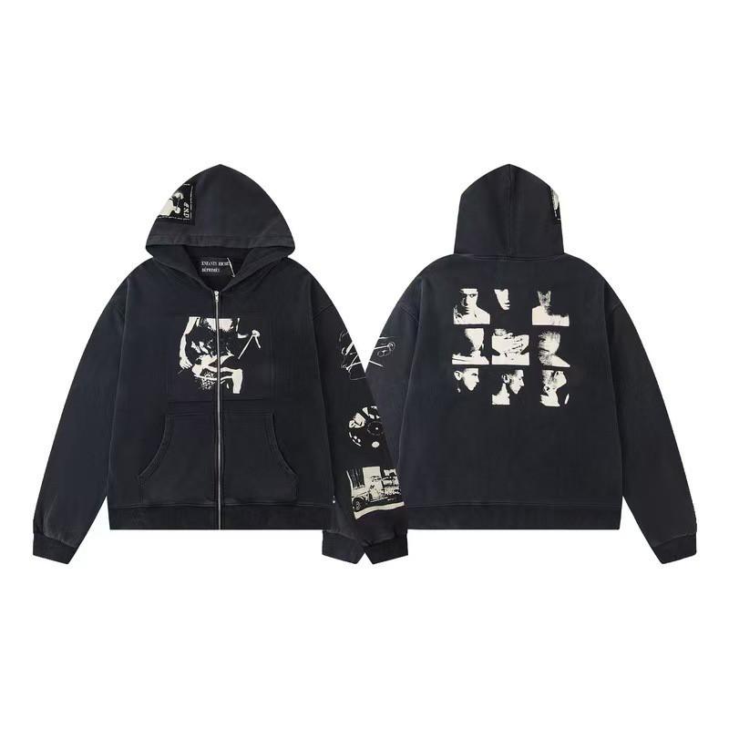 Mens Oversized Streetwear Hoodie With Distressed Zipper Graphic Print Cotton Long Sleeve Pullover Casual Wear