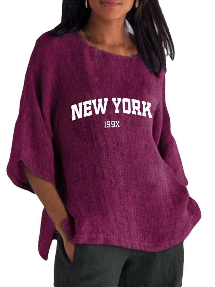 

Women Fashion Round Collar Print Shirt Spring&summer 3/4 Long Sleeve Top Ladies Cotton Linen Blouse 5XL фіолетовий