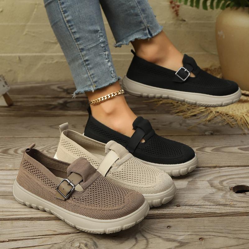 New Women's Casual Shoes Round Head Flat Comfortable and Breathable Mesh Shoes Fashionable and Versatile One Kick Flying Shoes