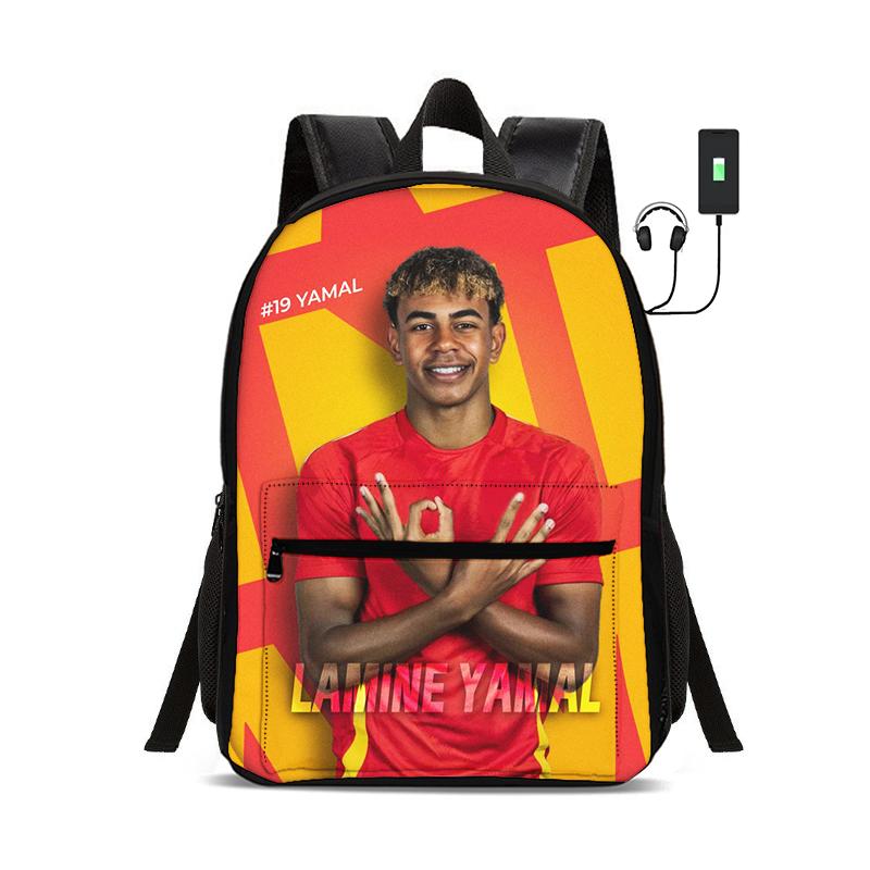 Child School Bags for Student Rucksack L-Lamin Yamal Sport Bookbag Kids Gift Football Star Backpack with USB Interface Bag