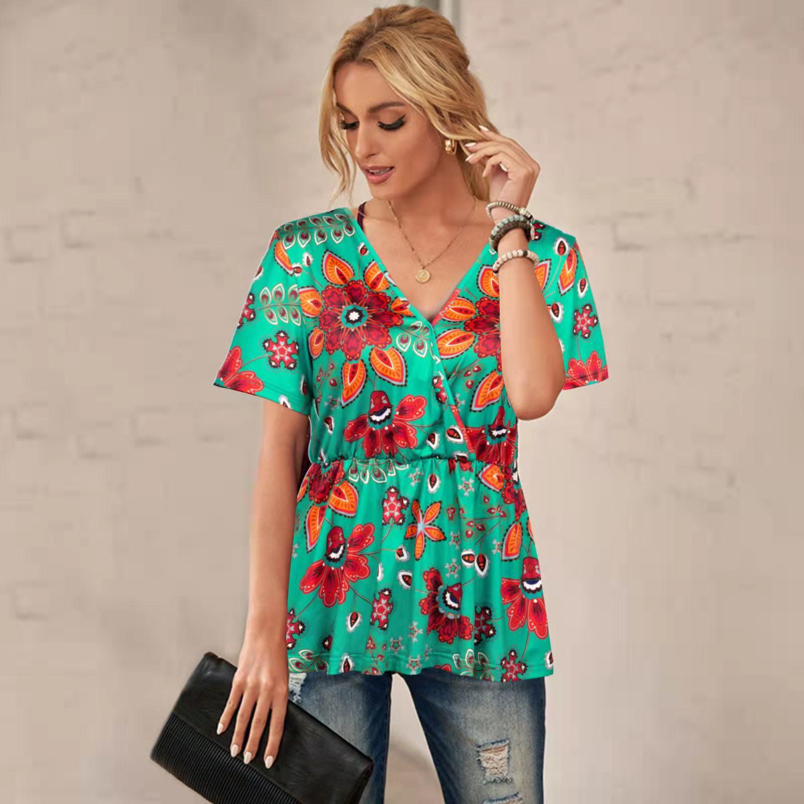 

European and American Multi-color V-Neck Short-Sleeve Women s T-shirt - Summer 2022 Fashion L зелений