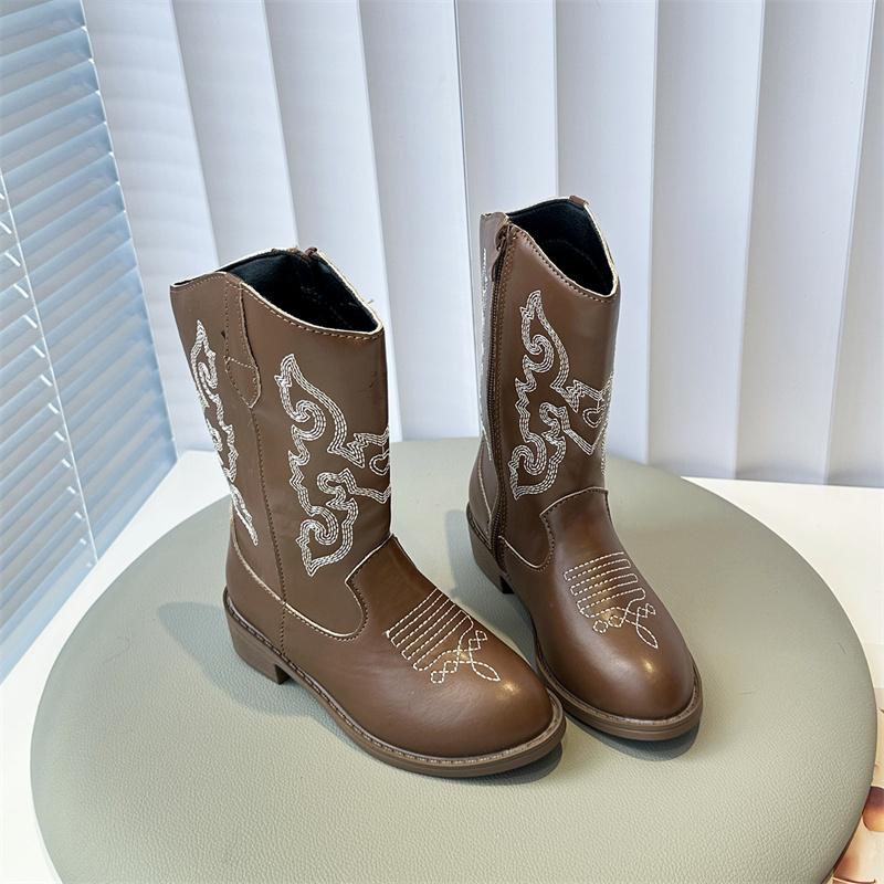 Skórzane Dziewczęce Wzór Dekoracyjne Cowboy Codzienne Botki Jesień i Zima Antypoślizgowe Boczny Zamek Retro Dziecięce Botki.