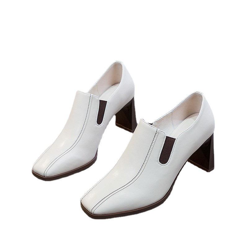 Women's Fashion Chunky Heel Slip-On Square Toe High Heels - British Style Leather Shoes for Autumn/Winter 2025