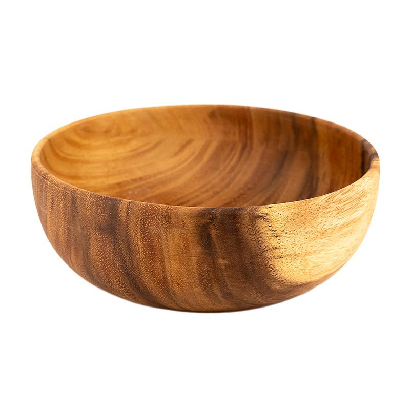 Japanese Style Acacia Wood Bowl Large Solid Whole Wood Flat Instant Noodle Bowl Salad Bowl Fruit Bowl Insulated Rice Bowl Tableware 24cm Acacia Wood