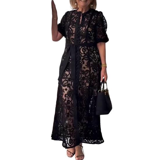 Women Dress Hollow Out Lace Round Neck Lace-up Slim Waist Button-down Maxi Dress Solid Color Short Sleeves Dress for Formal Party Commuting