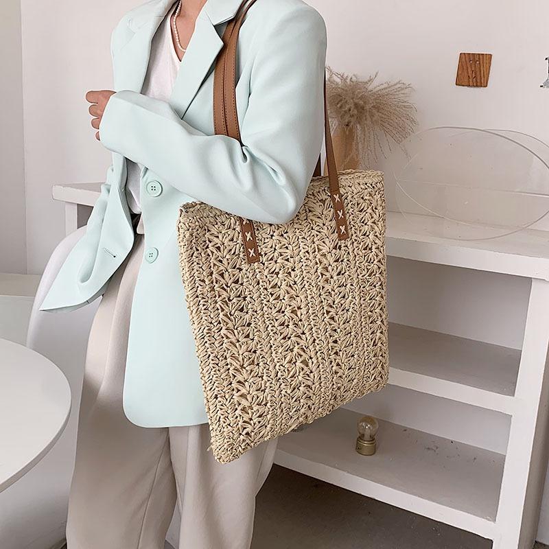 Square Hollow Straw Beach Bag Handmade Woven Shoulder Bag Rattan Shopping Travel Bag Bohemian Summer Vacation Casual Tote