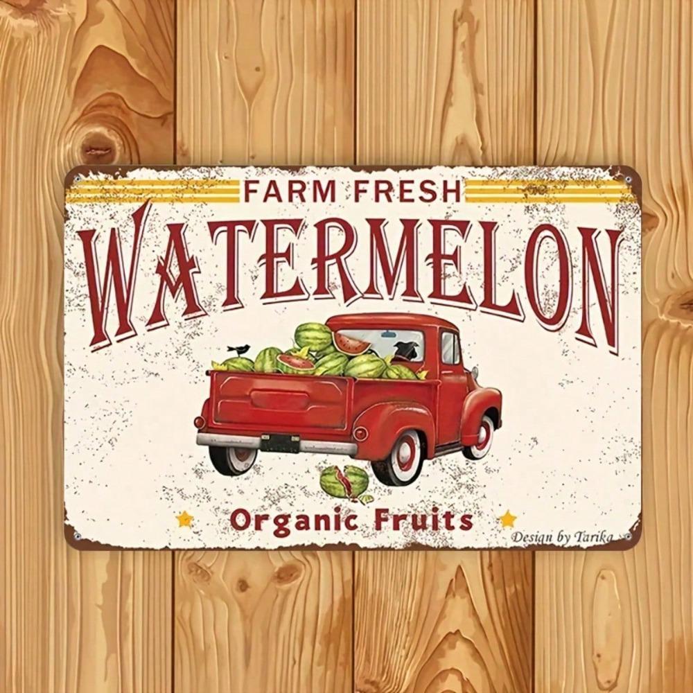 Vintage Farm Fresh Watermelon Metal Sign, Rustic Farmhouse Wall Decor, Weather-Resistant Indoor Outdoor