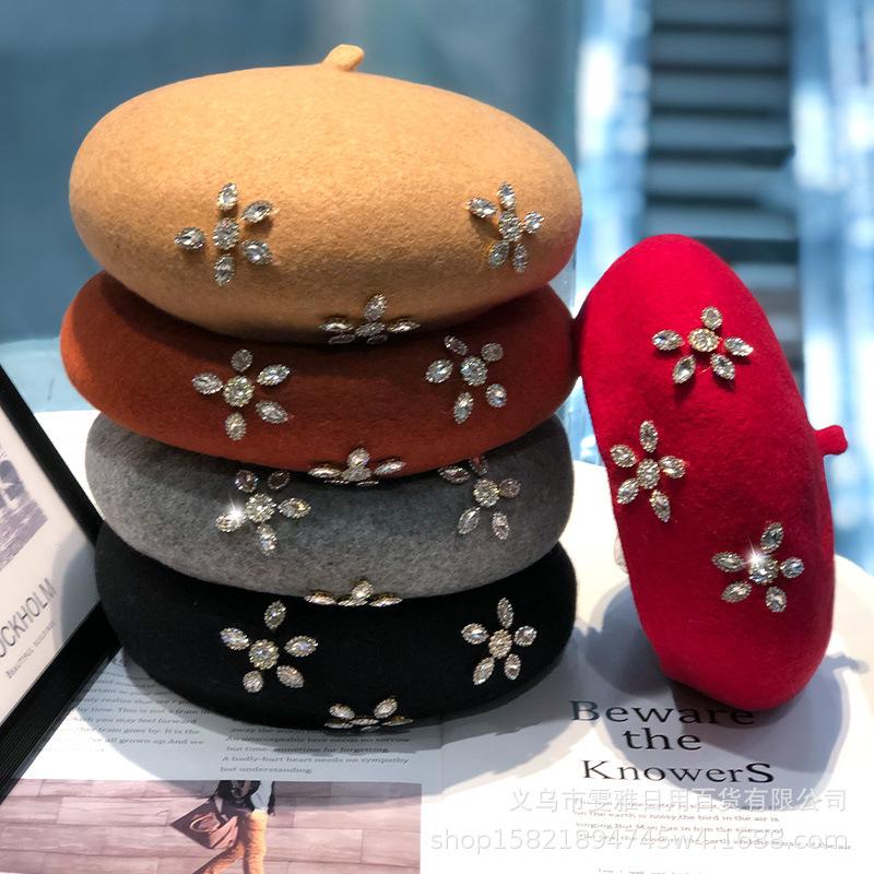 French Beret Woollen Thick Rhinestone Flower Bud Cap Fashion Autumn Octagon Artist Hat Women Painter Caps Headwear