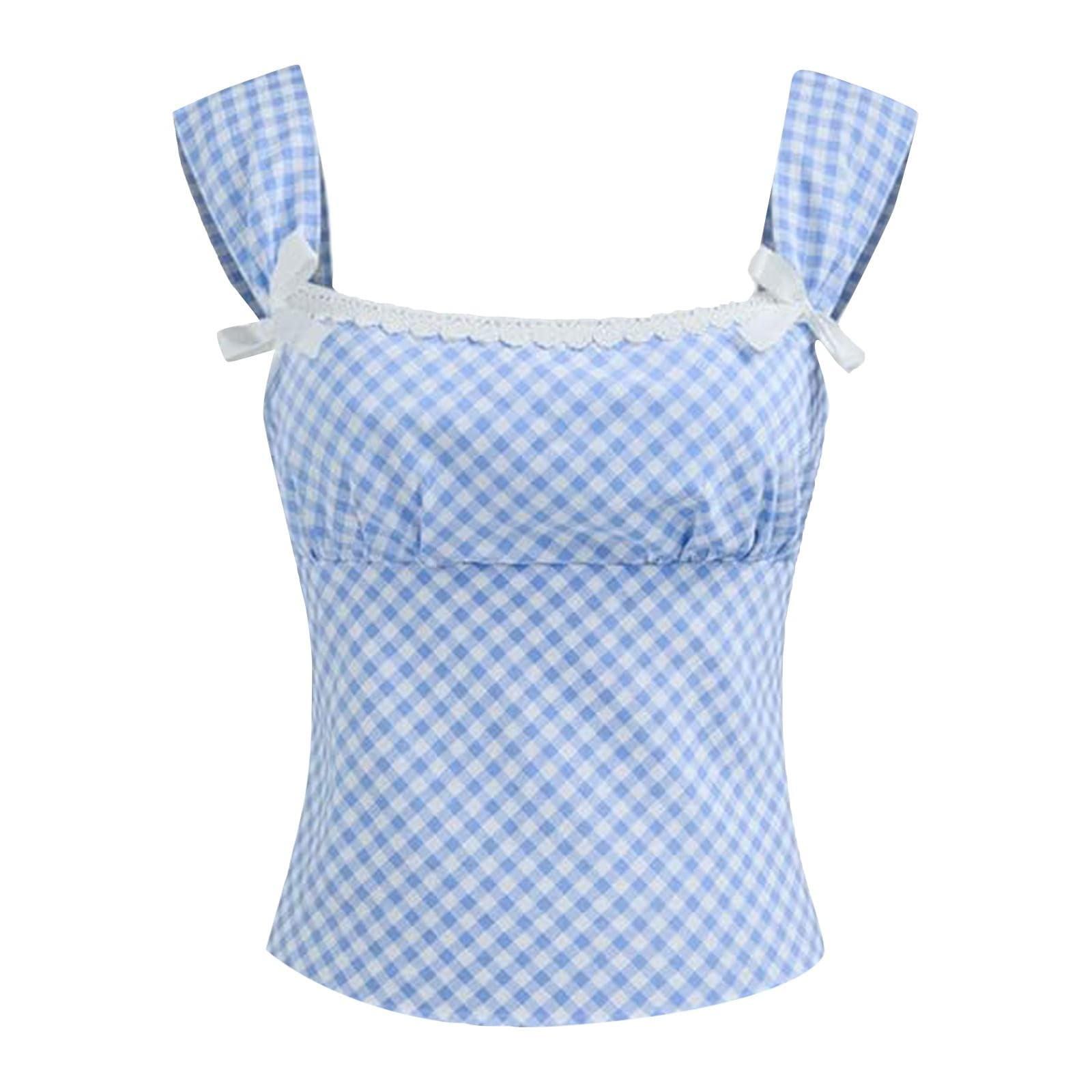 

Женская клетчатая рубашка с кружевом на спине и бретельками S синий