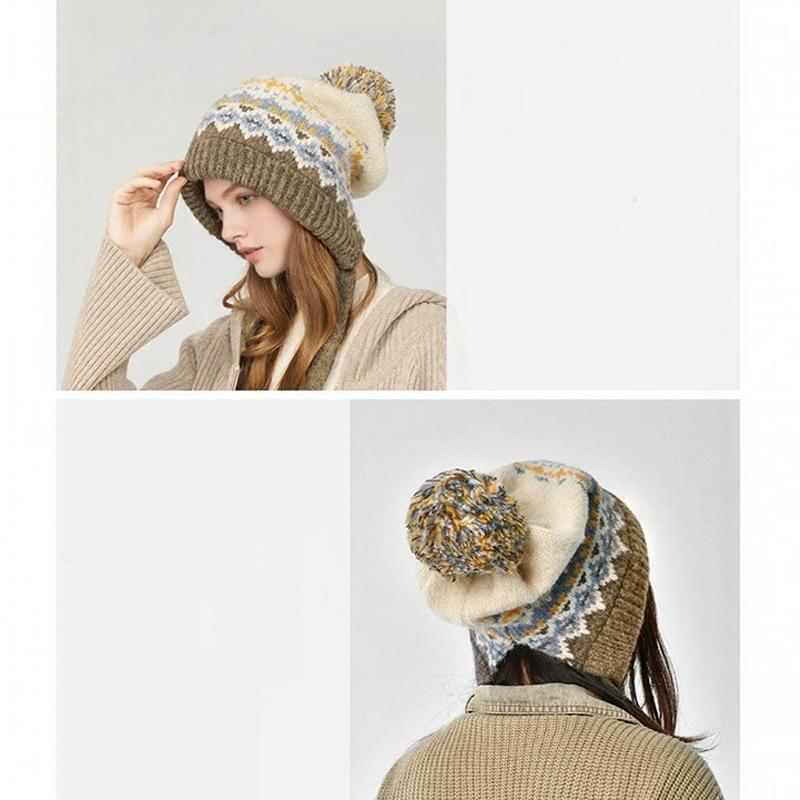 Johnature Damen Vintage Gestrickt Print Floral Warme Hüte Winter Gürtel Mütze