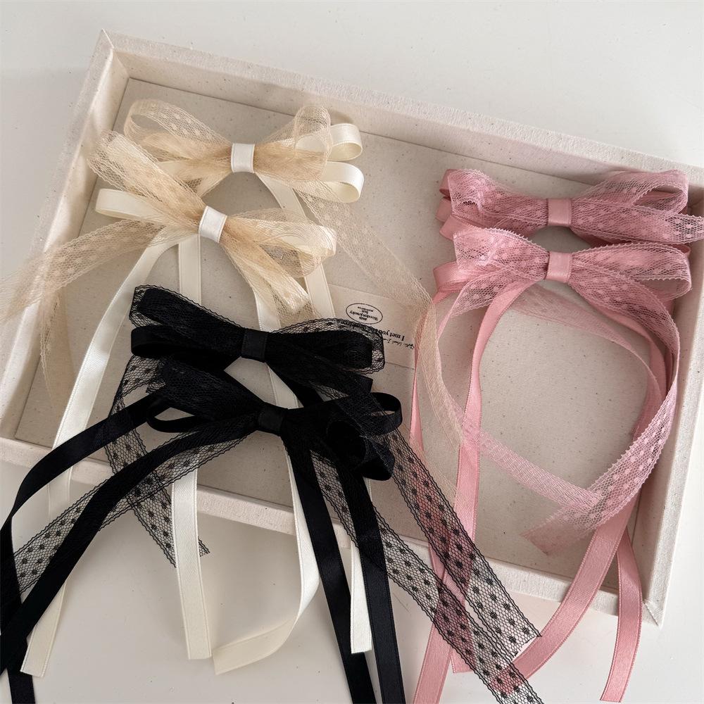 Korean Style Sweet Double-Layer Lace Hair Bow Clip with Long Flowing Ribbon