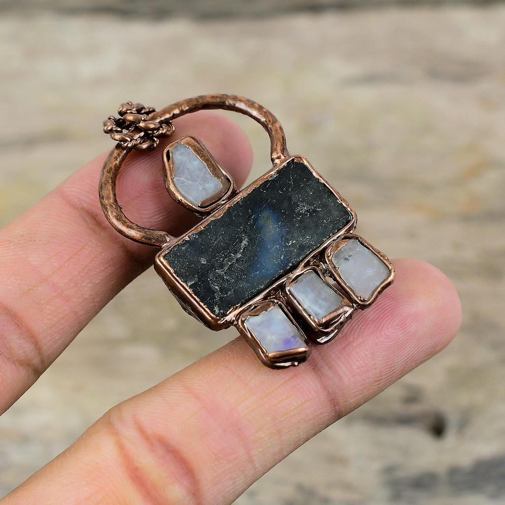Labradorite Rough Pendant Electroformed Copper Pendant Rainbow Moonstone Rough Pendant Electroformed Jewelry Gemstone Pendant Gift For Women