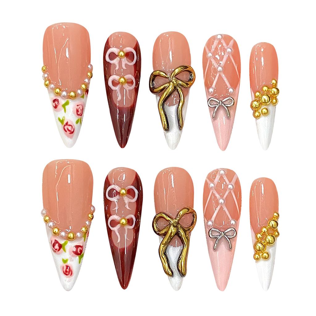 Tortoiseshell Press On Nails Long Red With Bowknot Design For Party Wedding