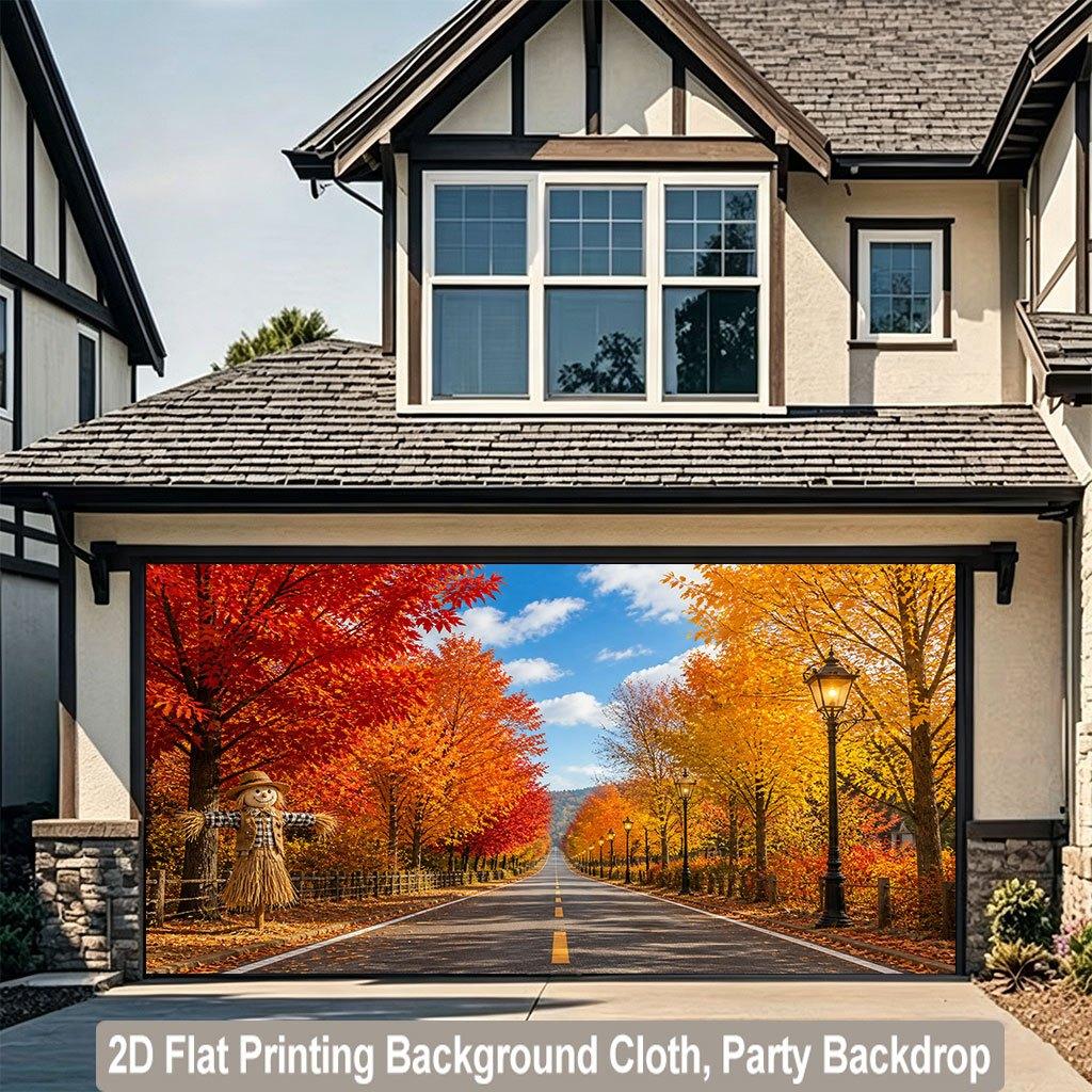 2D Flat Surface 1 Piece Autumn Roadside Backdrop with Lush Foliage Banner Suitable for Parties