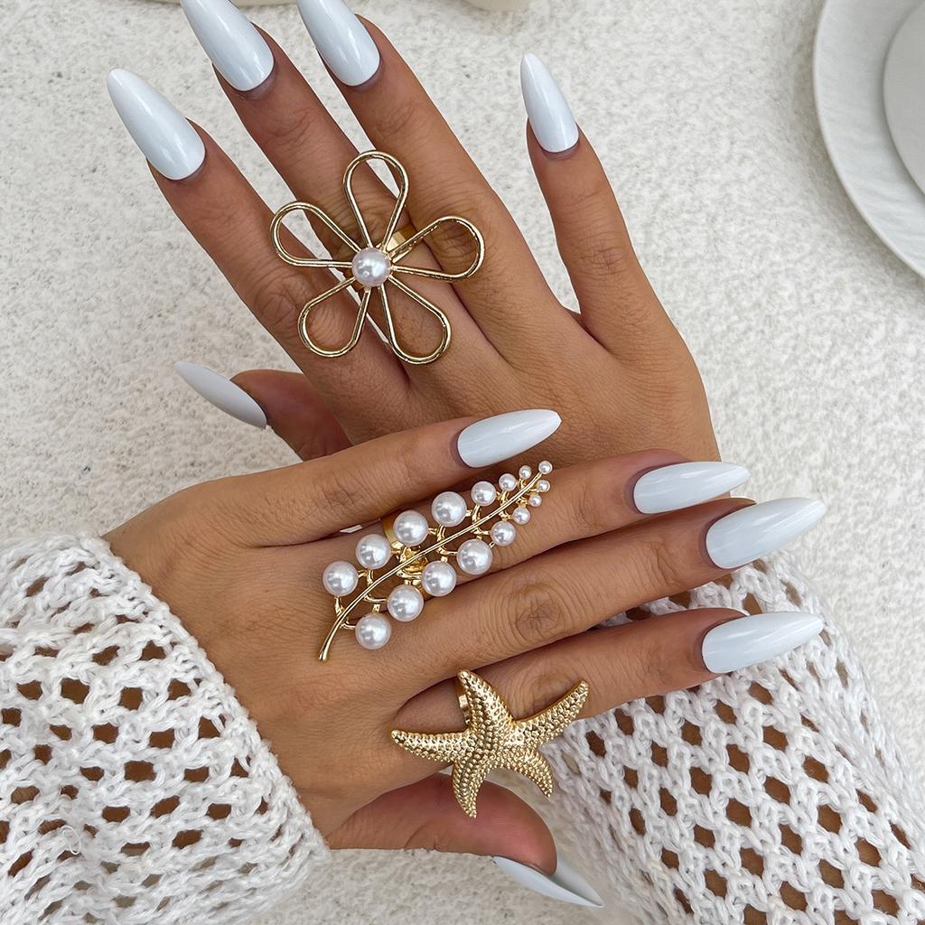 Design Sense Ins Style Hollow Flower Open Ring, Personalized Starfish Imitation Pearl Feather Ring for Women