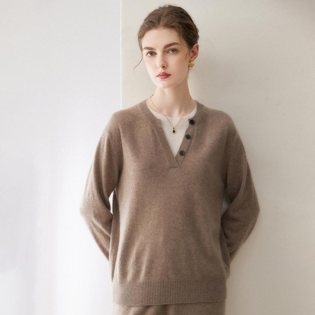 2026 A/W Women's Pure Cashmere Color Block Round Neck Two-Piece Knit Pullover Sweater