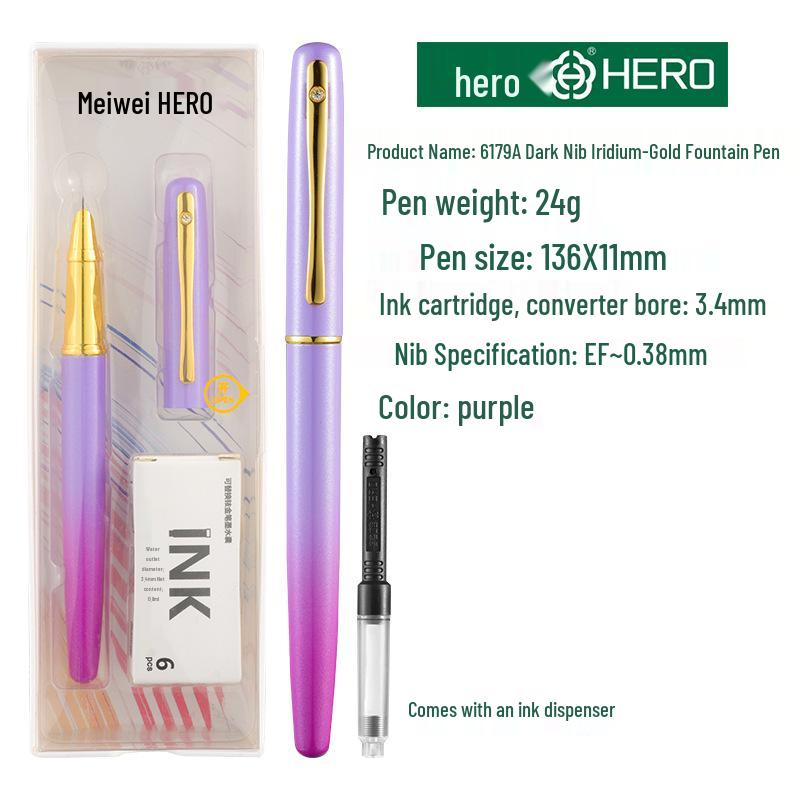 

Hero 6179a Unisex Iridium Gold Extra Fine Nib Cartridge Fountain Pen for Students, Calligraphy, and Writing Practice - Boxed. 0.38mm