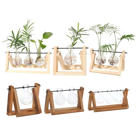 Yousheng 1/2/3Pcs Plant Terrarium with Wooden Stand Transparent Glass Bulb Vase Table Centerpiece Hydroponic Flower Holder Plants Container Decoration