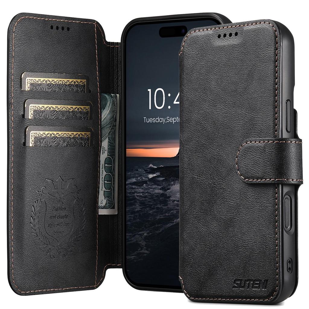iPhone17 Pro Max Flip Case with Card Slot, Magnetic Snap, Wireless Charging Stand, and Leather Finish