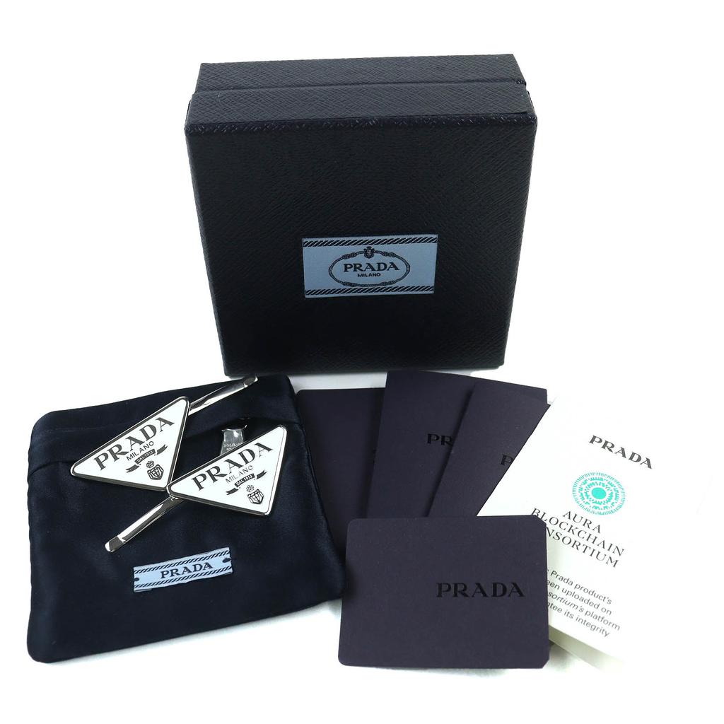Prada Hair Accessory Triangle Logo Metal Hairpin White Silver Brass Women 1IF051 Used