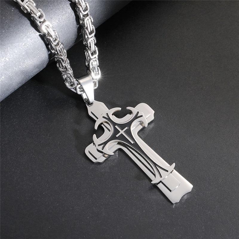 Titanium Steel Long Necklace European And American Domineering Pattern Three Layer Cross Pendant Necklace