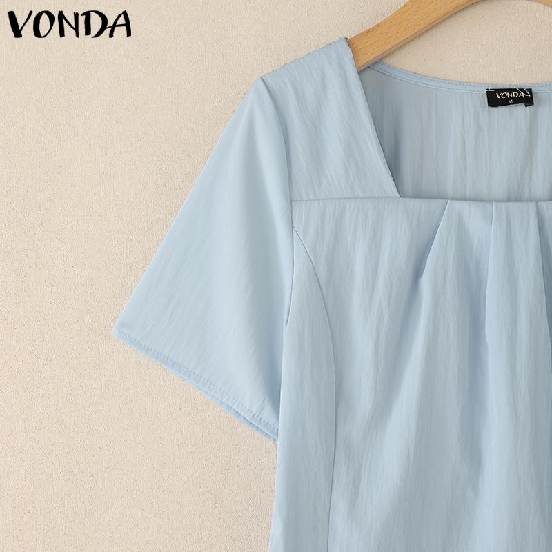 VONDA Women Girls Square Collar Short Sleeve Slim Waist Casual Blouse