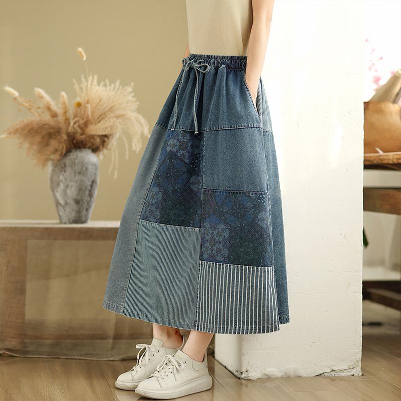 Plus Size Summer Denim Skirts Women Clothing Blue Elastic Vintage A-Line Jeans Skirt High Waist