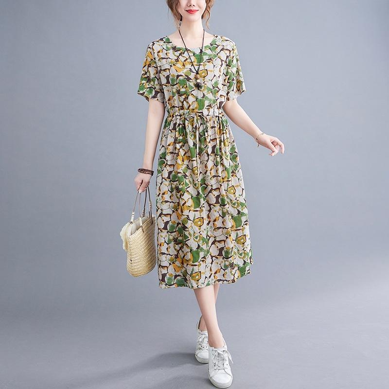 

2025 лето новое ретро-платье с принтом средней и длинной длины, женское хлопковое платье с тонкой талией и круглым вырезом, короткими рукавами Large size XL зелёный