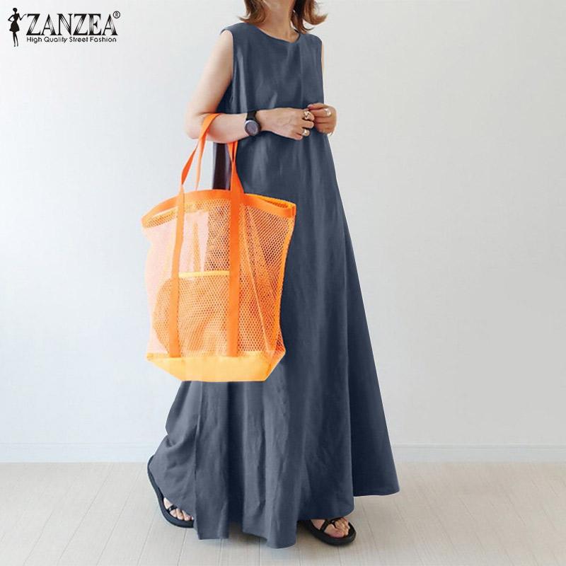 

ZANZEA женское повседневное свободное длинное платье без рукавов на пуговицах сзади, летнее платье