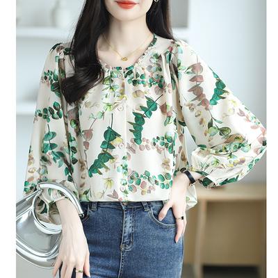 Round Necked Women's Long Sleeved Autumn Printed Shirt with Mulberry Print Top
