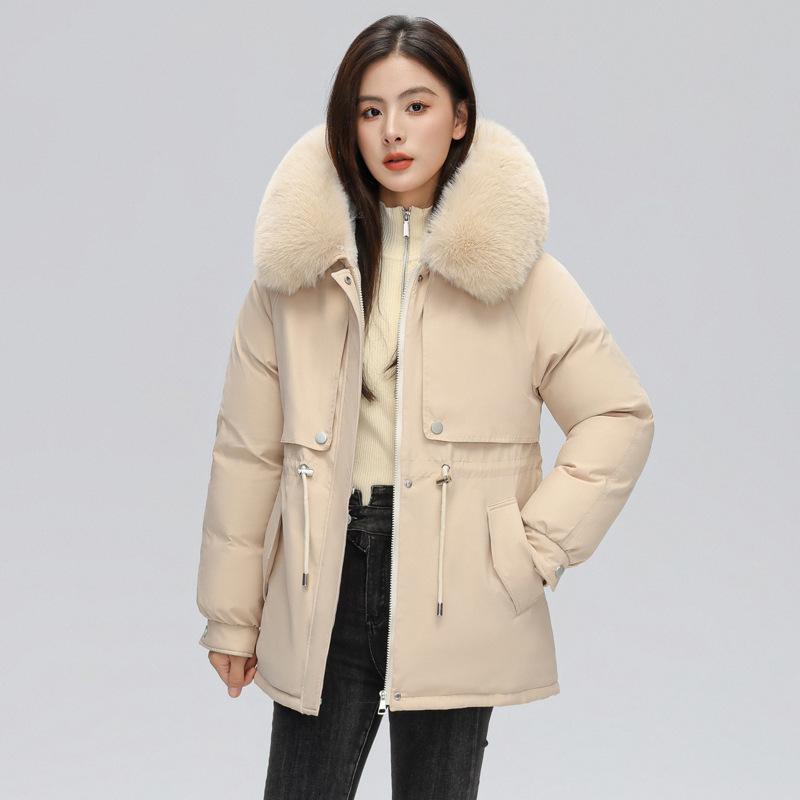 Women's New Velvet and Thickened Parka Short Korean Style Loose Waisted Large Fur Collar Jacket