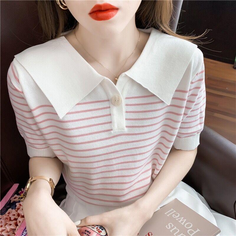 Women's Chic Striped Ice Silk Short-Sleeve T-Shirt with Navy Collar - Youthful Spring/Summer 2024 Collection